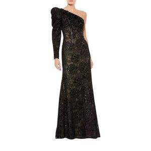 Mac Duggal Embellished One Puff Sleeve Trumpet Gown Black